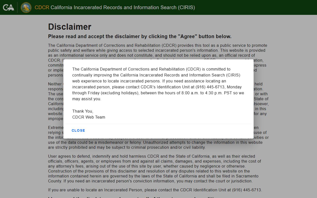 CDCR CIRIS statewide incarcerated person locator