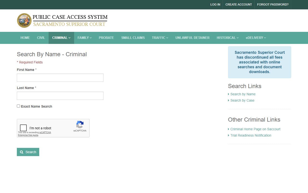 Sacramento County court records after arrest name search form