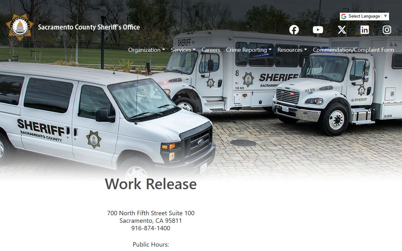 Sacramento County Work Release Division official program page